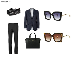 Close-up of retro cat-eye sunglasses with gradient lenses and textured leather briefcase