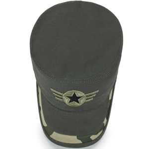Army grey canvas flat top cap with embroidered star and camouflage brim detail