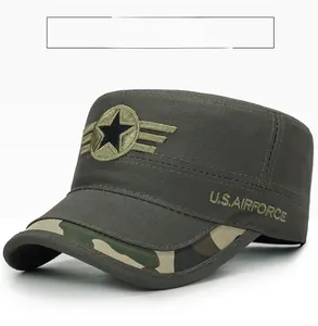 Detail of army style patrol cap with olive green embroidery and camo brim accents