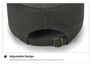 Detail of adjustable metal buckle on canvas flat top cadet hat with reinforced stitching