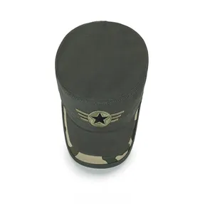 Top view of olive cadet cap featuring star wing embroidery and camouflage visor detail