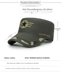 Detailed size chart of men's grey flat top military cap with US Air Force embroidery