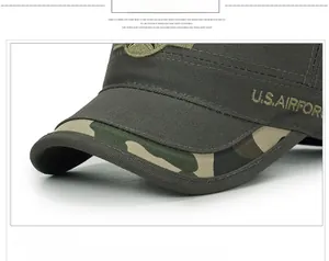 Detail of U.S. AIRFORCE embroidery on military flat top canvas hat with camo peak
