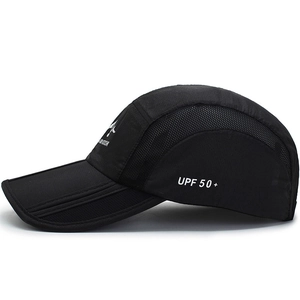Men's black outdoor foldable mesh baseball cap with UPF 50+ UV sun protection