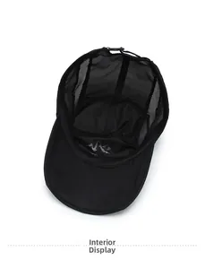 Detail of black sports cap showing breathable mesh lining and adjustable strap
