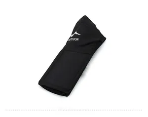 Detail view of the foldable black outdoor hat featuring a white logo and mesh fabric