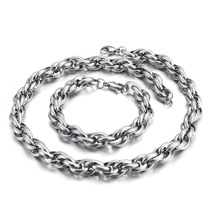 Professional silver tone stainless steel twisted rope chain necklace and bracelet set