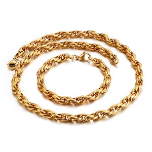 Gold stainless steel dense O-link chain necklace and bracelet set for men on white background