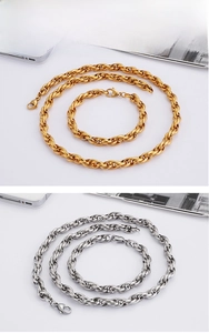 Detail of gold and silver stainless steel twisted rope chain necklaces with lobster clasp