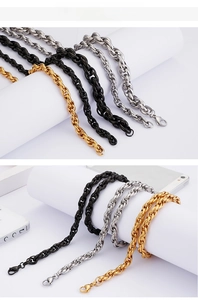 Detailed view of dense O-shaped interlocking chains in gold, black, and silver steel