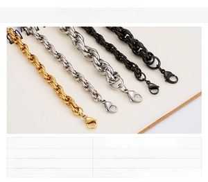 Detail showing gold, silver, and black stainless steel twisted rope chains on notebook