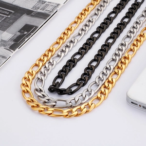 Polished stainless steel Figaro chains in gold, silver, and black finishes for jewelry DIY
