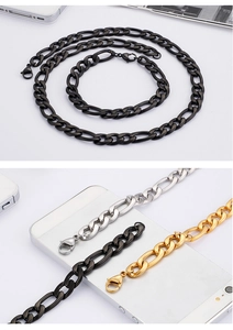 Macro view of polished stainless steel NK chains in gold, silver, and black finishes