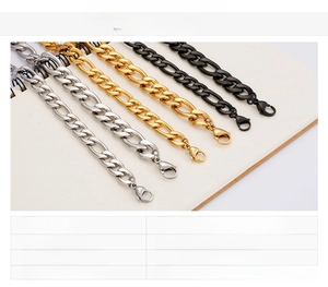 Polished stainless steel curb and Figaro chain set in steel, gold, and black finish