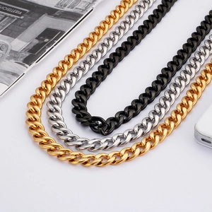 Classic stainless steel Cuban link chains in gold, silver, and black for men and women