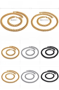 Detailed specs of 10mm-11mm Cuban link chain set in gold, silver, and black finishes