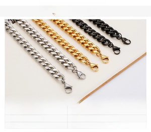Macro detail of men's stainless steel curb chains in silver, gold, and black finishes