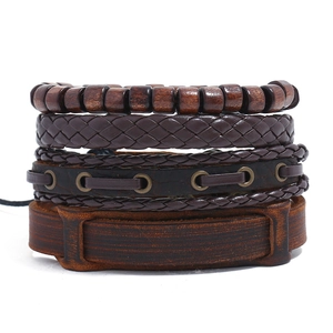 Men Braided Genuine Cowhide Leather Bracelet Wood Beads Hemp Rope Alloy Adjustable Multilayer Vintage Casual Jewelry