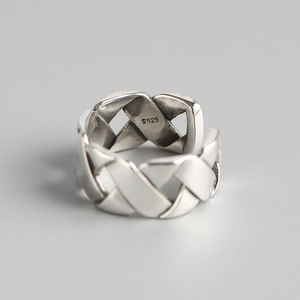 Braided S925 sterling silver hollow crossover wide ring for women in silver finish