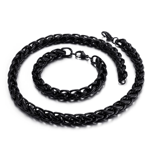 Parure collier et bracelet pour homme en acier inoxydable noir mat avec maille épi