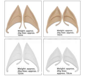 Detailed comparison of 10cm and 12cm latex elf ears in skin tone and white colors