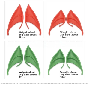 Latex elf ears in red and green colors with detailed weight and size specifications