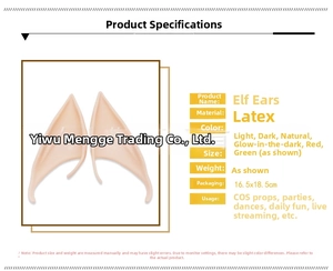 Detailed view of light-toned latex elf ears with technical specifications for cosplay use