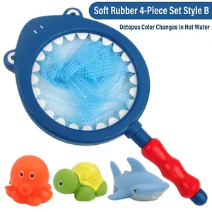 Baby bath toy set with blue shark net and heat-sensitive color changing rubber animals