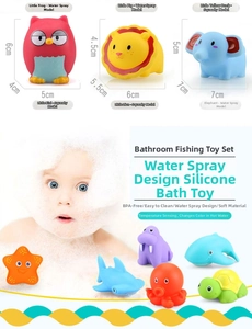 Detail showing BPA-free silicone bath toys with spray function and heat color-change feature