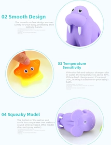 Detail showing smooth edges, heat-sensitive color change, and squeak sound baby bath toys