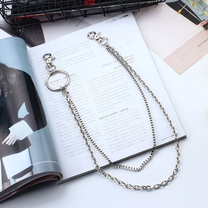 Three-layer silver metal pants chain with lobster clasps and ring detail for hip-hop style
