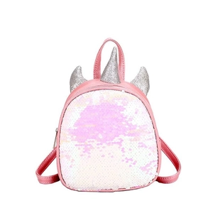 Detailed view of cute pink sequin mini backpack featuring sparkling unicorn horn and soft ears.