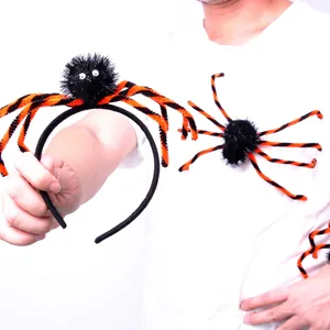 Halloween plush spider headband and clips set with spooky black and orange striped legs