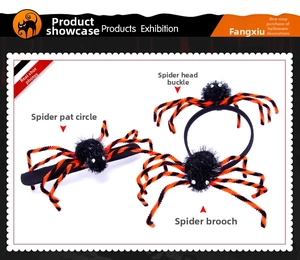 Halloween decorative set with black and orange spider headband, bracelet, and brooch