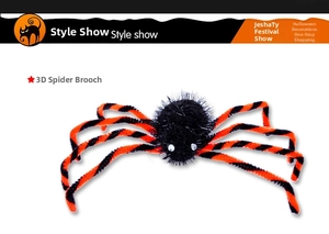 Detail of 3D Halloween spider brooch with black fur and red spiral legs decoration
