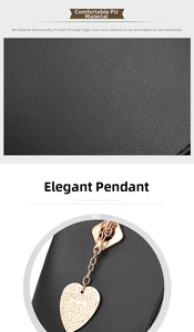 Detail of premium black PU leather texture with rose gold heart-shaped hollow pendant