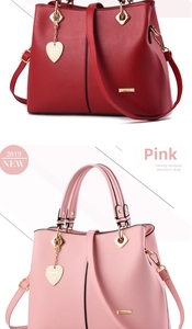 Close-up of litchi texture PU leather bags with heart pendants in red and pink