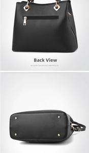 Rear view and bottom detail of black pebbled leather handbag with golden metal hardware