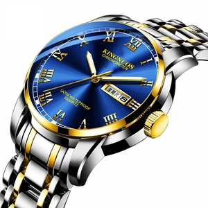 Two-tone stainless steel quartz watch for men with blue dial and date display