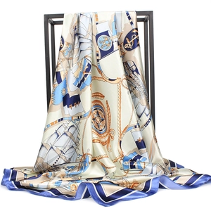 Elegant 90x90cm nautical silk scarf with anchor and compass patterns on white background