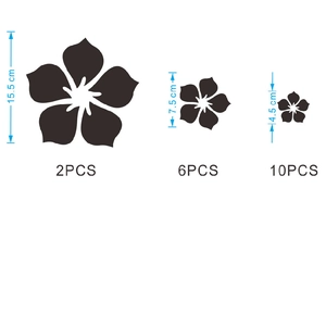 Detailed size chart for acrylic 3D flower wall stickers showing 15.5cm, 7.5cm and 4.5cm scales