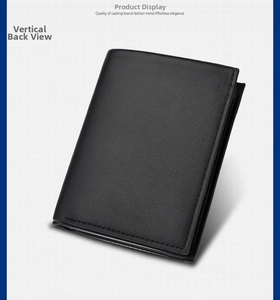 Rear view of black vertical men's wallet in high-quality pebble grain faux leather