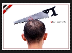 Realistic horror saw headband for Halloween costume showing blood splatters effect