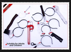 Detailed close-up of bloody Halloween headband tool props like axes and cleavers