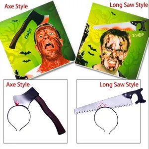 Halloween zombie headband set featuring bloodstained fake axe and saw prop for costumes