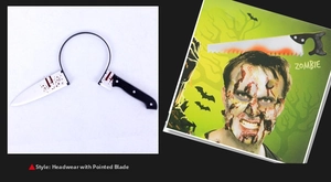 Detail of bloody horror cleaver headband toy with realistic zombie effect and model view