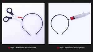 Detail of Halloween headbands featuring realistic blood-stained scissors and syringe props
