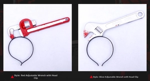 Detail view of bloody wrench and spanner headbands for Halloween costumes and pranks
