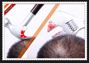 Close-up of realistic Halloween headband showing hammer and wrench with fake blood detail