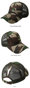 Detail of camouflage baseball cap featuring breathable mesh and ponytail hole design